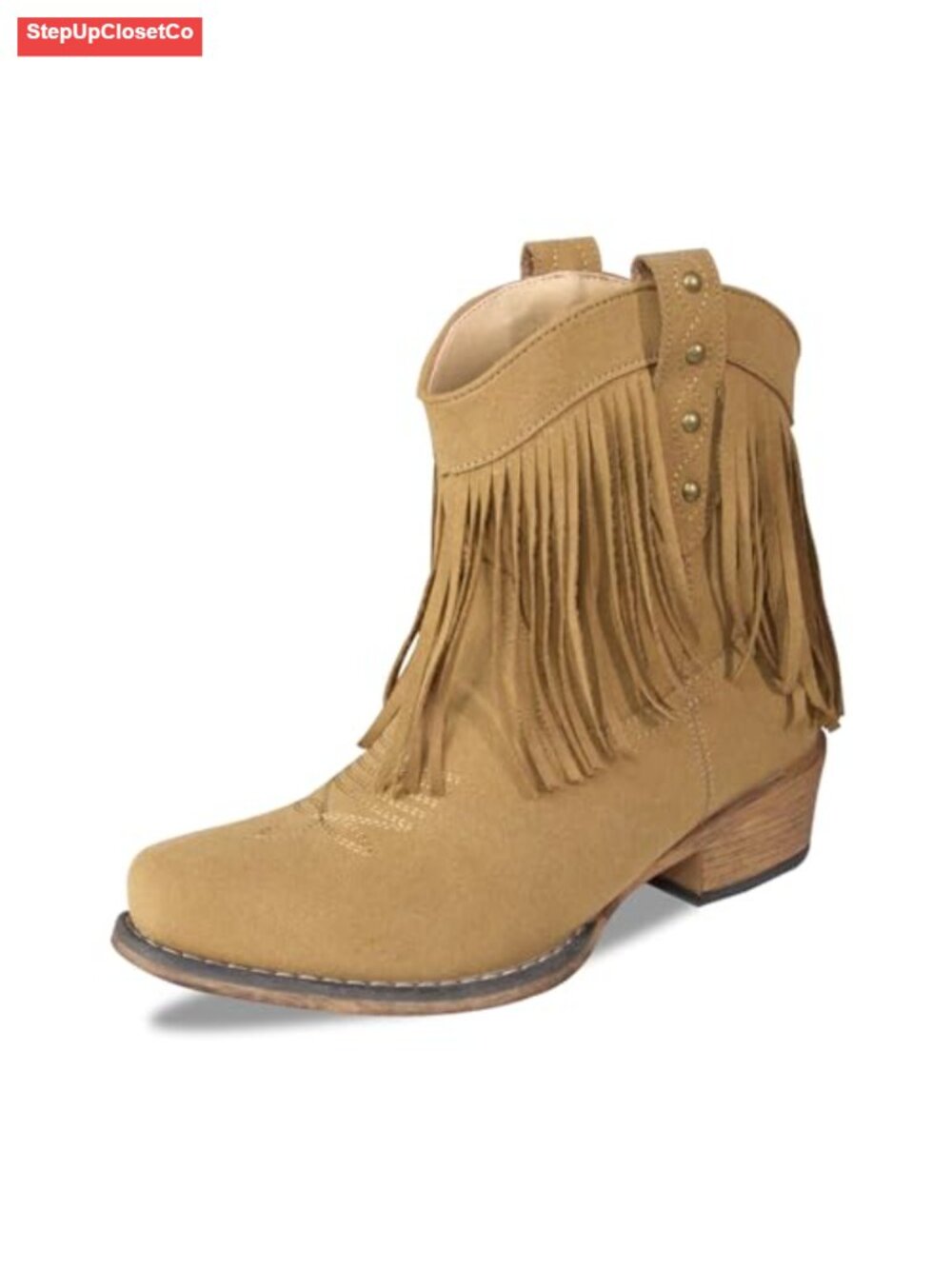 Women's Suede Fringe Western Mid Calf Cowgirl Boots Chunky Block Heel Pull-On